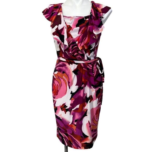 Kasper dress size 4 floral multicolor‎ tie-waist sheath office ruffle career -13 - Picture 3 of 5